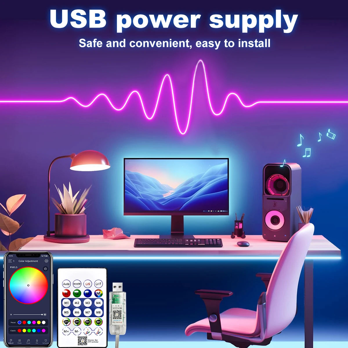 RGB Neon Strip Light with Bluetooth & Remote – USB Waterproof LED Rope