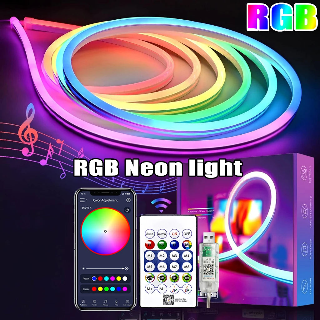 RGB Neon Strip Light with Bluetooth & Remote – USB Waterproof LED Rope