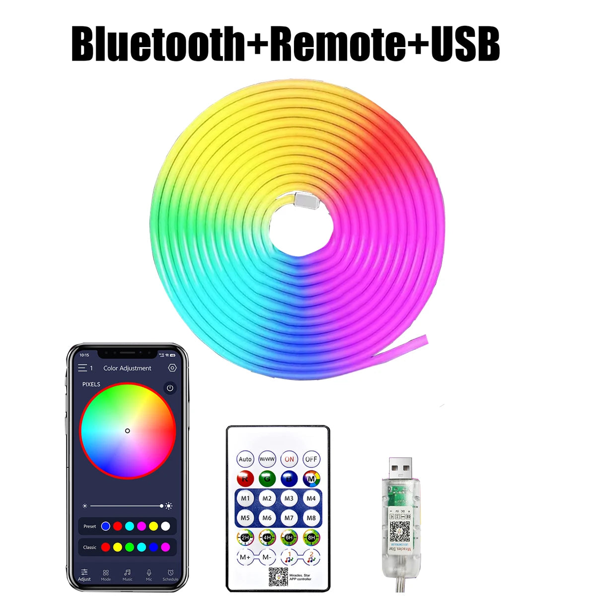 RGB Neon Strip Light with Bluetooth & Remote – USB Waterproof LED Rope